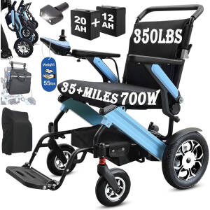 35+ Miles Long Travel Range Electric Wheelchair for Adults, 700W Powerful Motor Power Wheelchairs, Lightweight Foldable All Terrain Motorized Wheelchair with 20AH & 12AH Li-ion Battery, Support 350lbs