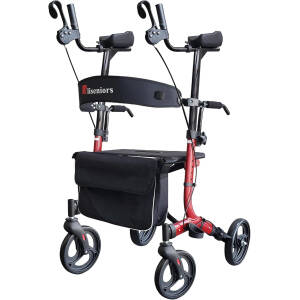 Aliseniors Upright Walker, Stand Up Rollator Walker with Seat, Foldable 4 Wheel Rolling Walker, Medical Aluminum Walkers for Seniors, Adjustable Padded Armrests, 8" Wheels, Supports 300lbs, Red