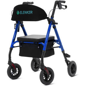 ELENKER All-Terrain Rollator Walker with 8” Non-Pneumatic Wheels, Sponge Padded Seat and Backrest, Fully Adjustment Frame for Seniors, Blue