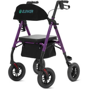 ELENKER All-Terrain Rollator Walker with 10” Non-Pneumatic Wheels, Sponge Padded Seat and Backrest, Fully Adjustment Frame for Seniors, Purple
