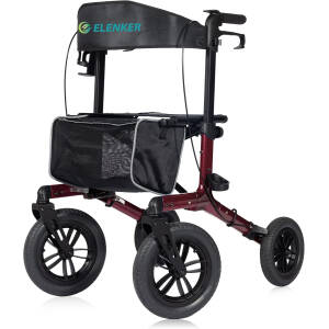 ELENKER All-Terrain Rollator Walker with Non-Pneumatic Tire 12” Front Rubber Wheels, Compact Folding Design for Seniors, Red