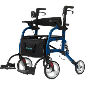 ELENKER 2 in 1 Rollator Walker & Transport Chair for Seniors, Folding Rolling Walker Wheelchair Combo with Wide Seat and Shock Absorber, Blue