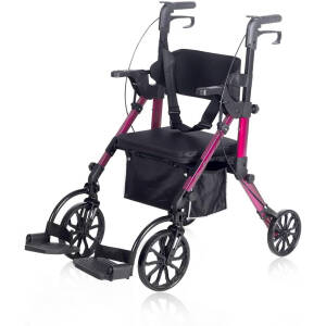Elenker 2 in 1 Rollator Walker & Transport Chair, Folding Wheelchair Rolling Mobility Walking Aid with Seat Belt, Padded Seat and Detachable Footrests for Adult, Seniors (Red)