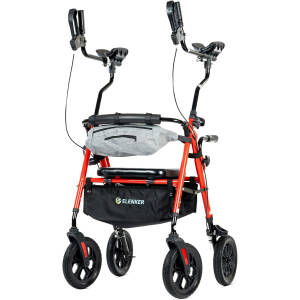 ELENKER All Terrain Upright Rollator Walker with Seat, Foldable Stand Up Walkers for Seniors with Armrest, Front Pouch, 10” Wheels, Fully Adjustment Frame, Red