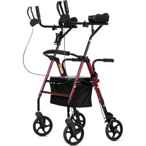 ELENKER Upright Walker, Stand Up Rollator Walker with Padded Seat and Backrest, Lightweight, Compact Folding, Fully Adjustment Frame for Seniors, Red
