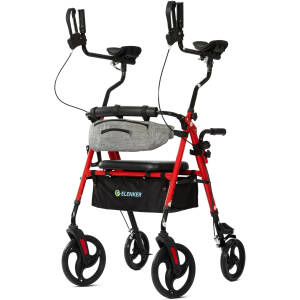 ELENKER Upright Rollator Walker, Stand Up Walkers for Seniors with Armrest, Front Pouch, 10”Wheels, Sponge Padded Seat and Backrest, Fully Adjustment Frame, Red