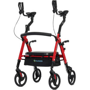 ELENKER Heavy Duty Upright Walker with Extra Wide Padded Seat and Backrest, Aluminum Bariatric Stand Up Rolling Walker, 10” Wheels, Fully Adjustment Frame, Support up to 500 lbs for Seniors, Red