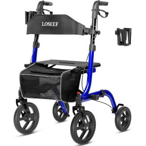 Foldable Rollator Walkers With Seat For Seniors, 10" Big Rubber Wheels All Terrain Rollator Walker With Adjustable Backrest And Handles, 350 Lb, Cup Holder, Lightweight 4 Wheel Walker For Seniors Blue