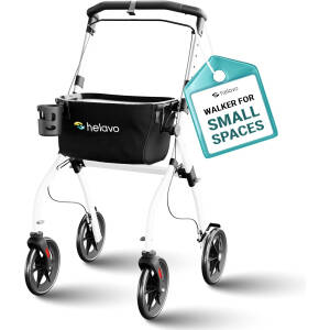 Helavo Lightweight Foldable Narrow Walker for Small Spaces – 23.6" Wide, Indoor Walker for Seniors with Tray, Adjustable Height, 8" Wheels, Easy Braking, Ideal for Tight Spaces