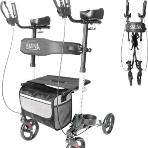 KMINA - Upright Rollator Walker with Seat and Back Support, Folding for Seniors with Armrest, Adjustable
