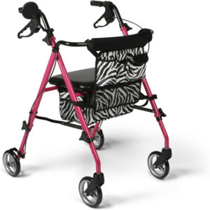Medline Posh Premium Lightweight Aluminum Rollator Walker, Pink & Zebra Print, 250 lb. Weight Capacity, 6” Wheels, Water Resistant, Foldable, Rolling Walker for Seniors