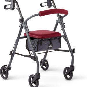 Medline Rollator Walker with Seat and Wheels, Durable Steel Frame Supports up to 300 lbs, 6 inch Wheels, Red