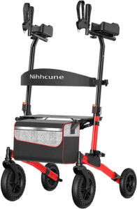 Nihhcune Upright Rollator Walker, Stand Up Folding Rolling Walkers with Seat and Adjustable Armrest, No Installation, Lightweight Walking Aids with Cane Holder and Durable Aluminum Walkers for Seniors