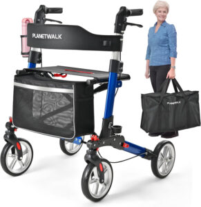 Double Folding Rollator Walker for Seniors - Lightweight Aluminum Frame with 300 lb Capacity, 8" All-Terrain Wheels, 6-Level Adjustable Height Rolling Walker with Travel Bag - Blue