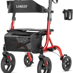 Rollator Walkers for Seniors, 10" Big Rubber Wheels All Terrain Rollator Walker with Adjustable Backrest and Handles, 350 Lbs, Cup Cane Holder, Foldable Lightweight Walker with Seat for Seniors Red