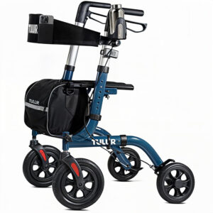 All-Terrain Rollator Walker for Seniors with Seat,12" Big Rubber Wheels,Foldable, Height Adjustable Mobility Aid, Built-in Safety Brakes, Cup Holder & Storage Bag,Lightweight & Portable