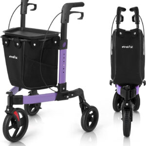 3 Wheel Rollator Walker, Walkers for Seniors, Rollator Walker Lightweight Foldable, with Tray and Large Storage Bag, 10 Inch Front Wheel for All Terrain, Purple