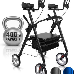 Vive Bariatric Upright Walker with Seat - Heavy Duty Senior Stand Up Rollator, Extra Wide Frame - Padded Armrest & Backrest -Mobility Aid Portable Rolling Walker with Bag - Fits Tall & Large People