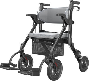 Rollator-Walkers-for-Seniors-with-Seat, Walker Wheelchair Combo, Transport-Wheelchair-Lightweight-Foldable, Adult Walkers All Terrain, 2 in 1 Rolling Walker Chair with Brakes & Pouch-2024 New
