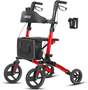 Foldable Rollator Walker with 10” Front Rubber Wheels, All-Terrain Rollator Walker with Seat, Adjustable Backrest and Handles, 350 Lb, Cup Holder, Lightweight 4 Wheel for Seniors Red
