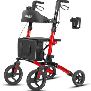 Foldable Rollator Walker with 10” Front Rubber Wheels, All-Terrain Rollator Walker with Seat, Adjustable Backrest and Handles, 350 Lb, Cup Holder, Lightweight 4 Wheel for Seniors Red