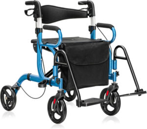 Byroce 2-in-1 Rollator Walker for Seniors, Folding Wheelchair with Seat, 8’’ Wheels, 6 Adjustable Height, Reversible Backrest & Footrests, Aluminum Medical Mobility Walking Aid Transport Chair (Blue)