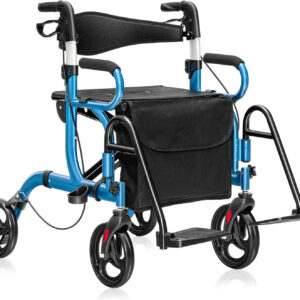 Byroce 2-in-1 Rollator Walker for Seniors, Folding Wheelchair with Seat, 8’’ Wheels, 6 Adjustable Height, Reversible Backrest & Footrests, Aluminum Medical Mobility Walking Aid Transport Chair (Blue)