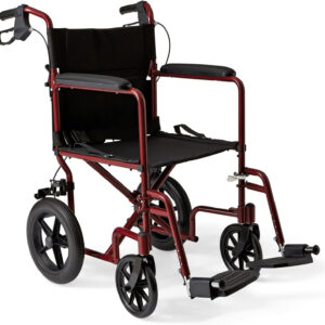 Medline Lightweight Foldable Transport Wheelchair with Handbrakes and 12-Inch Wheels, Red Frame, Black Upholstery