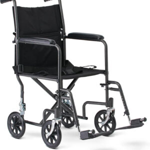 Medline Durable Folding Steel Transport Wheelchair with Swing-Away Footrests, 19-Inch Seat Width, Black Frame, Black Upholstery
