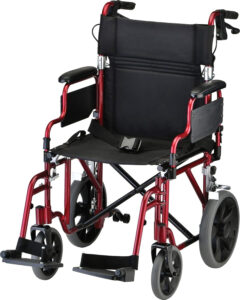 NOVA Lightweight Transport Chair with Locking Hand Brakes, 12" Rear Wheels, Removable & Flip Up Arms for Easy Transfer, Anti-Tippers Included, Color Red