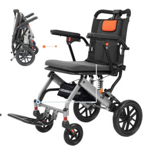 Adult Ultra Light 20Lbs Transport Wheelchair 4 Shock Pumps, Removable Flip Arms, Locking Brakes, 220Lbs Capacity Portable Elderly Chair (Gray)
