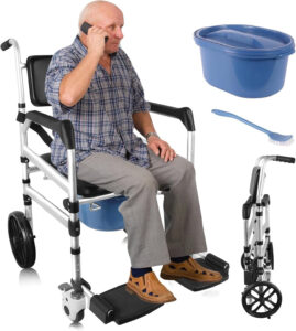 Shower Chair with Wheels Aluminum Alloy 4 in 1 Foldable Height Adjustable Shower Wheelchair, Sturdy Rolling Shower Chair with Large Commode for Seniors(Black)