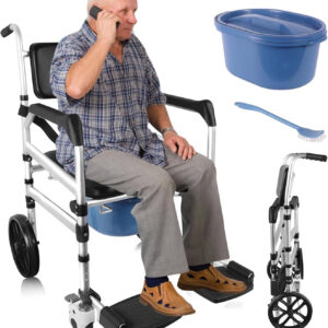 Shower Chair with Wheels Aluminum Alloy 4 in 1 Foldable Height Adjustable Shower Wheelchair, Sturdy Rolling Shower Chair with Large Commode for Seniors(Black)