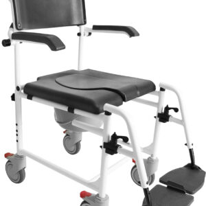 KMINA PRO - Shower Chair with Wheels for Elderly (Version 2.0 Improved Brakes), Adjustable Commode Wheelchair, Rolling Chair, Black