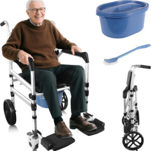 Rustproof Aluminum Frame Holds 400 lbs Smooth 360 Wheels with Locks for Safe Shower Chair Commode Transfer Aid for Senior Sturdy Rolling Height Adjustable Alloy Bathing Seat Bathroom Toilet Wheelchair