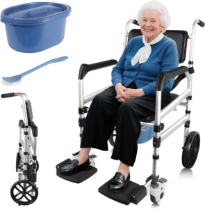 Rustproof Aluminum Frame Shower Chair with Safe Smooth 360 Wheels with Locks, Rolling Commode Transfer Aid for Seniors Disabled, Foldable Height Adjustable Alloy Seat Transport Bathroom Wheelchair