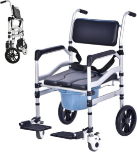 Shower Chair with Wheels Aluminum Alloy 4 in 1 Foldable Height Adjustable Shower Wheelchair, Sturdy Rolling Shower Chair with Large Commode for Seniors (Black)