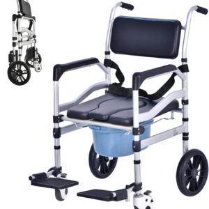 Shower Chair with Wheels Aluminum Alloy 4 in 1 Foldable Height Adjustable Shower Wheelchair, Sturdy Rolling Shower Chair with Large Commode for Seniors (Black)