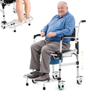Enlarged Rolling Shower Chair: 4-in-1 Bariatric Commode Chair for Elderly, Post-op, Adjustable Shower Wheelchair with Safety Locking Wheels & Anti-tilt Footrest, Heavy Duty 250lbs