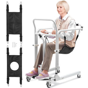 VEVOR Electric Patient Lift Transfer Chair, Quick-Folding Patient Lift Wheelchair with Adjustable Height, Bedside Commode Toilet Chair with Wheels & 2 Seat Cushion for Senior Disabled, 220LBS Capacity