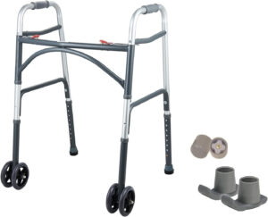 Wide Folding Walker with Wheels for Adults – Adjustable Height Support, 5" Wheels, Fits Users up to 500 lbs – Check Dimensions and Folding Profile Before Purchase – Includes 2 Pairs of Rear Glides