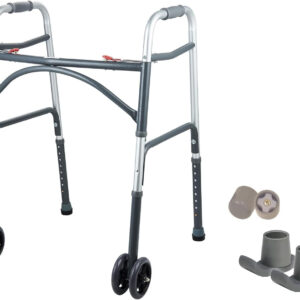Wide Folding Walker with Wheels for Adults – Adjustable Height Support, 5" Wheels, Fits Users up to 500 lbs – Check Dimensions and Folding Profile Before Purchase – Includes 2 Pairs of Rear Glides