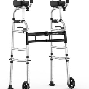Delog Folding Walker for Senior - Platform Walker with 5’’ Wheels and Removable Padded Armrests 350lbs, Lightweight Walking Mobility Aid, Standard Walker for Elderly (Black)