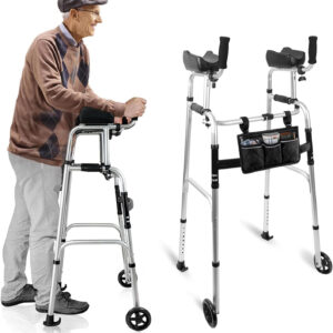 Stand Up Walker with Bearing Wheels - Height Adjustable Standard Walkers with Armrest Pad, Foldable Walker for Seniors, Elderly, Aluminum Platform Walkers with Small Bag, Silver