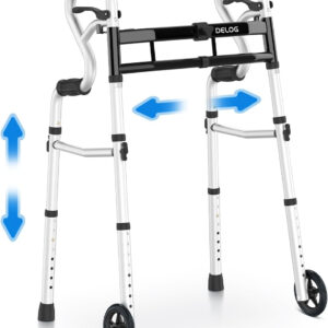 Delog Narrow Folding Walker for Seniors, 3 in 1 Folding Walker with 5” Front Wheels Width Adjustable Compact Standard Walker Support Up to 350lbs