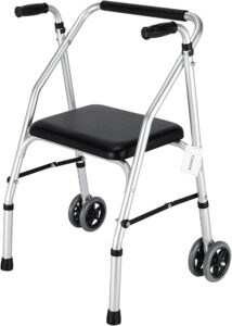 Standard Walker,Aluminum Folding Lightweight Walkers with Seat Support up to 300lbs,Adjustable Height with 5-inches, 2-Wheels Narrow Walkers for Seniors&Handicapped,Black,YMX8236XC