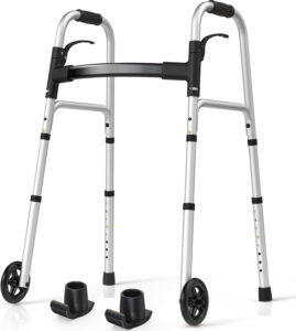 Folding Walkers for Seniors with 2 Skis and 5" Wheels, FSA Eligible Adult Rolling Walker, Supports Up to 350 lbs, Adjustable Height, Lightweight Aluminum Narrow Standard Walker, Black