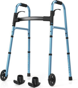 Walkers for Seniors, Lightweight Rolling Walker with 2 Skis and 5" Wheels, Supports Up to 350 lbs, Narrow Adult Folding Standard Walker, Adjustable Height, FSA Eligible, Blue