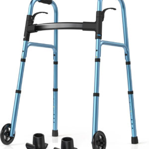 Walkers for Seniors, Lightweight Rolling Walker with 2 Skis and 5" Wheels, Supports Up to 350 lbs, Narrow Adult Folding Standard Walker, Adjustable Height, FSA Eligible, Blue