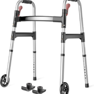 Folding Walkers for Seniors with Wheels, Lightweight Rolling Walker, Height Adjustable Standard Walker with Aluminum Frame, Silver
